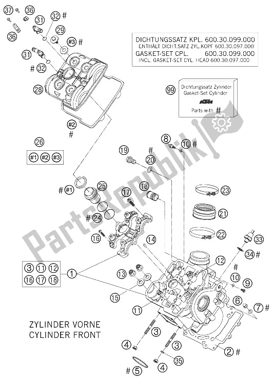 All parts for the Cylinder Head Front of the KTM 990 Superduke Orange Japan 2005