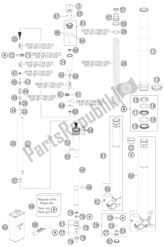 Alle onderdelen voor de Voorvork Gedemonteerd van de KTM 125 SX Europe 2014
