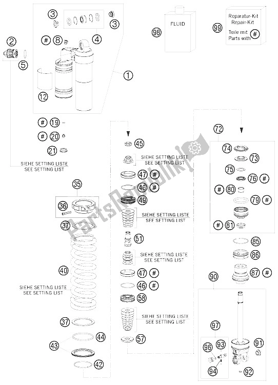 Alle onderdelen voor de Demper Gedemonteerd van de KTM 250 SX Europe 2009