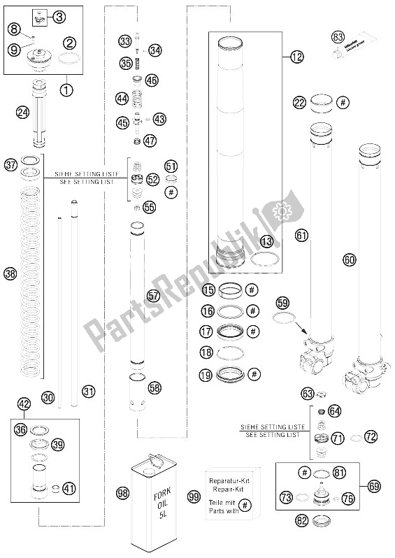 Alle onderdelen voor de Voorvork Gedemonteerd van de KTM 85 SX 17 14 Europe 2012