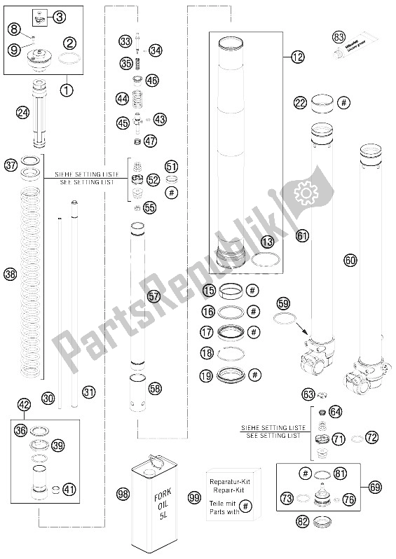 All parts for the Front Fork Disassembled of the KTM 85 SXS 17 14 Europe 2012