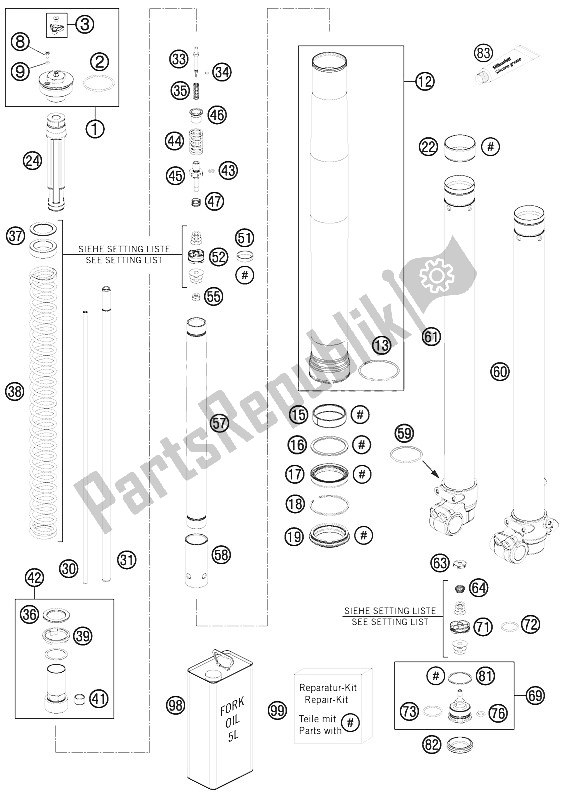 Alle onderdelen voor de Voorvork Gedemonteerd van de KTM 85 SXS 17 14 Europe 2012