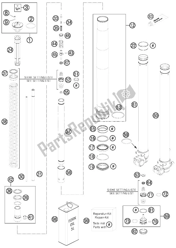 All parts for the Front Fork Disassembled of the KTM Freeride 250 R Europe 2015