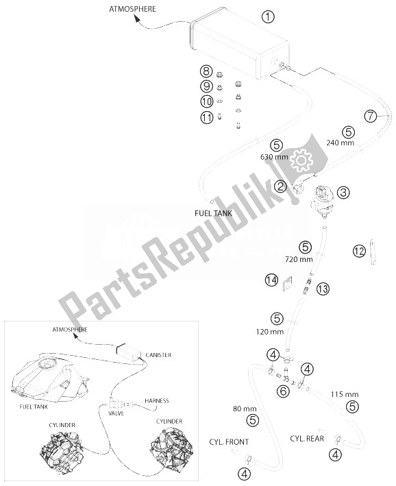 Tutte le parti per il Contenitore Per Evaporazione del KTM 1190 RC8 R White USA 2014