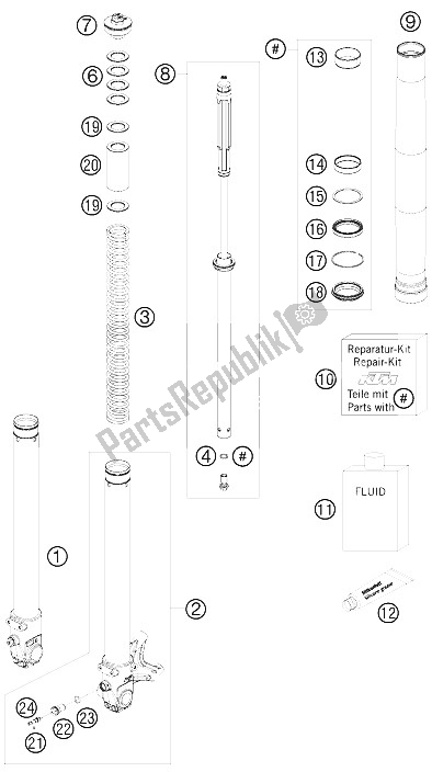 All parts for the Front Fork Dissasembled of the KTM 690 Duke Orange Europe 2008