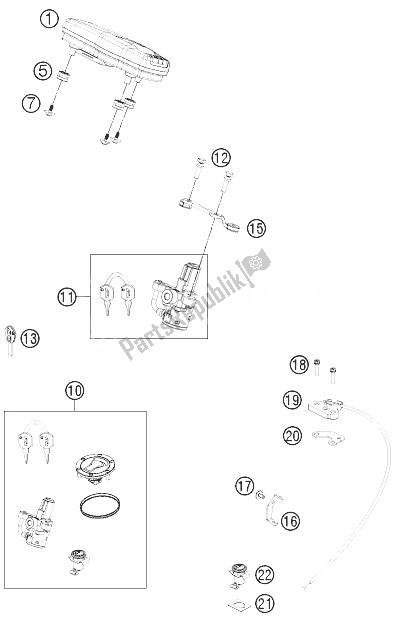 Alle onderdelen voor de Instrumenten / Sluitsysteem van de KTM 690 Duke Black ABS CKD Malaysia 2013