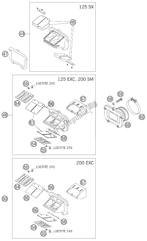 All parts for the Reed Valve Case of the KTM 125 SX Europe 2005