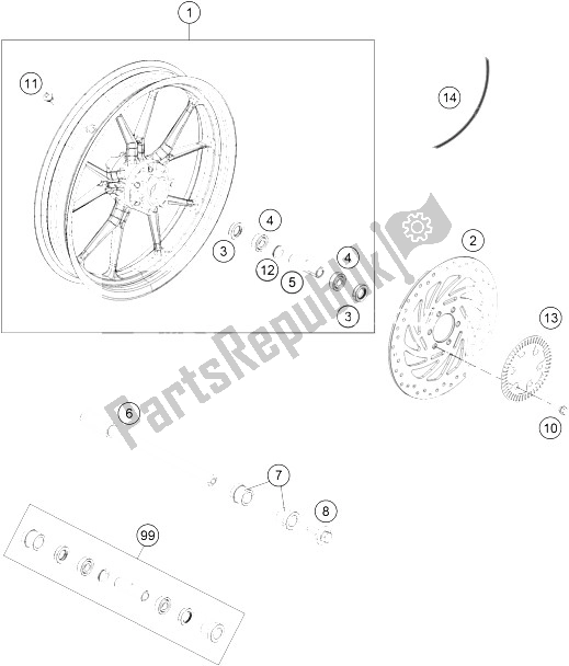 All parts for the Front Wheel of the KTM 390 Duke White ABS CKD Brazil 2015