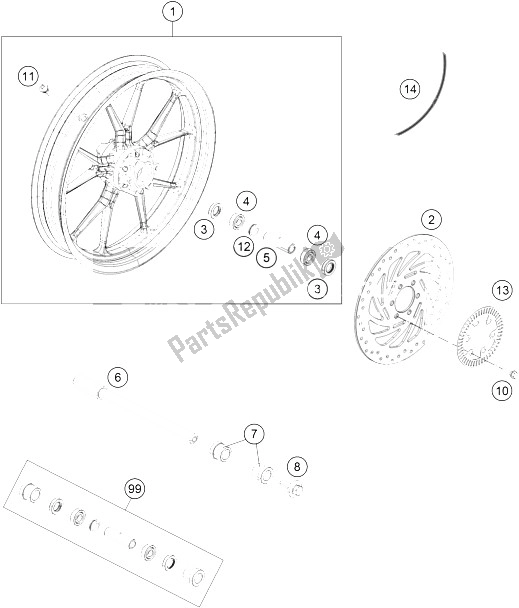 Toutes les pièces pour le Roue Avant du KTM 390 Duke White ABS CKD Brazil 2016