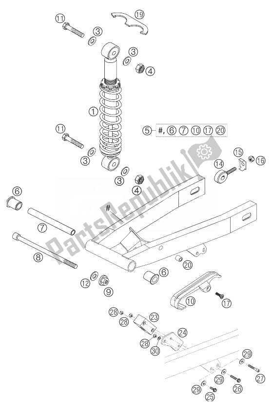 All parts for the Monoshock, Swing Arm 50 Mini of the KTM 50 Mini Adventure Europe 2004