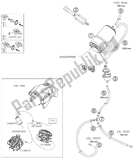 All parts for the Evaporative Canister of the KTM 990 Super Duke Orange USA 2008