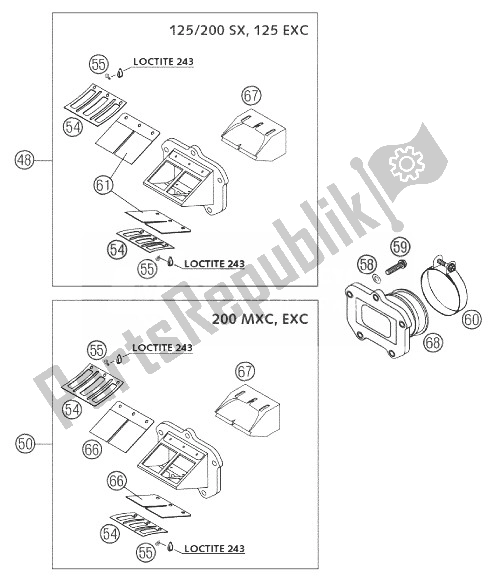 All parts for the Reed Valve Case Cpl. 125/200 of the KTM 125 EXC SIX Days Europe 2003