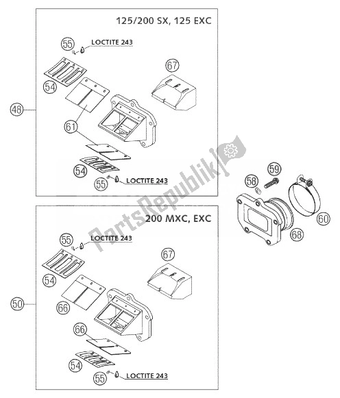 Tutte le parti per il Scatola Valvole Lamellare Cpl. 125/200 del KTM 200 EXC Australia 2003