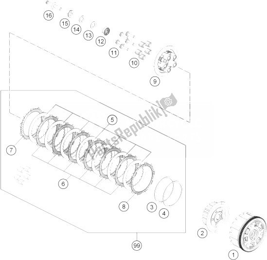 All parts for the Clutch of the KTM 390 Duke White ABS CKD Malaysia 2013