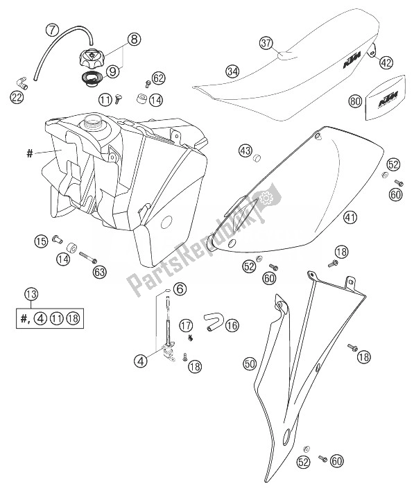 Todas las partes para Tanque, Asiento, Cubierta Racing Exc de KTM 525 EXC G Racing USA 2003