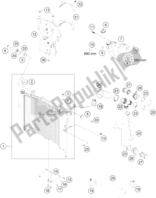 All parts for the Cooling System of the KTM 1290 Superduke R Black ABS 15 USA 2015