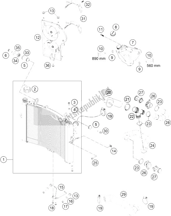 All parts for the Cooling System of the KTM 1290 Superduke R Black ABS 16 Europe 2016
