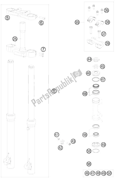 Tutte le parti per il Forcella Anteriore, Pinza Tripla del KTM 50 SX Europe 2009