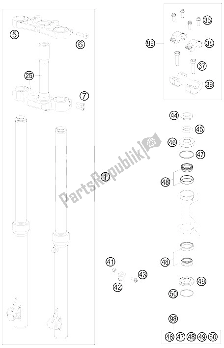 Alle onderdelen voor de Voorvork, Drievoudige Klem van de KTM 50 SX Europe 2011