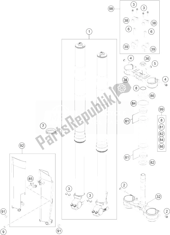 All parts for the Front Fork, Triple Clamp of the KTM 250 EXC SIX Days Europe 2014