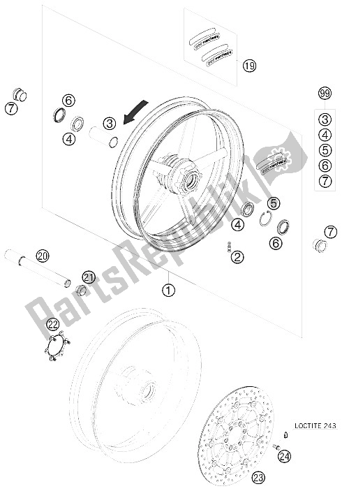 All parts for the Front Wheel of the KTM 690 Duke Black USA 2009