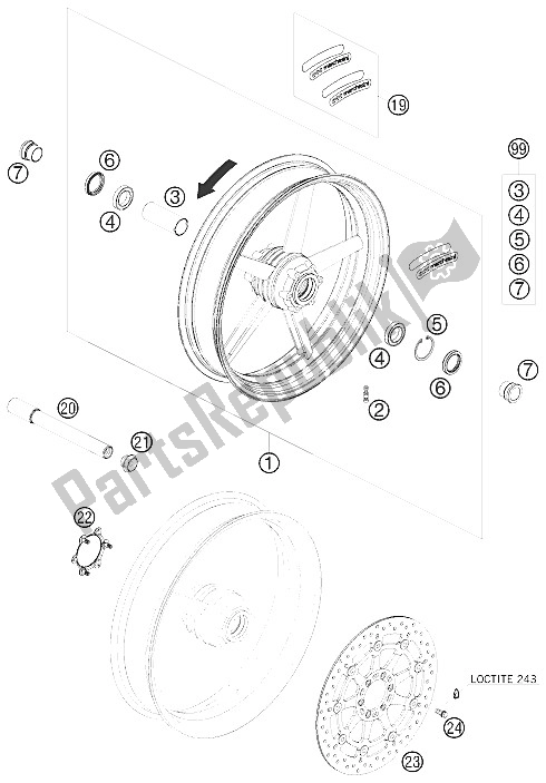 All parts for the Front Wheel of the KTM 690 Duke Orange Australia United Kingdom 2009