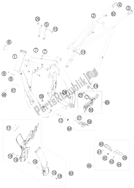All parts for the Frame of the KTM 250 SXS F Europe 2008