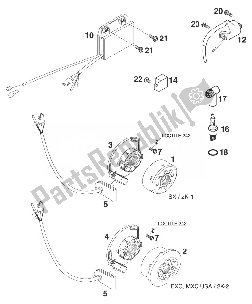 All parts for the Ignition System Kokusan 2k-1/2k2 of the KTM 300 MXC 12 LT 99 USA 1999