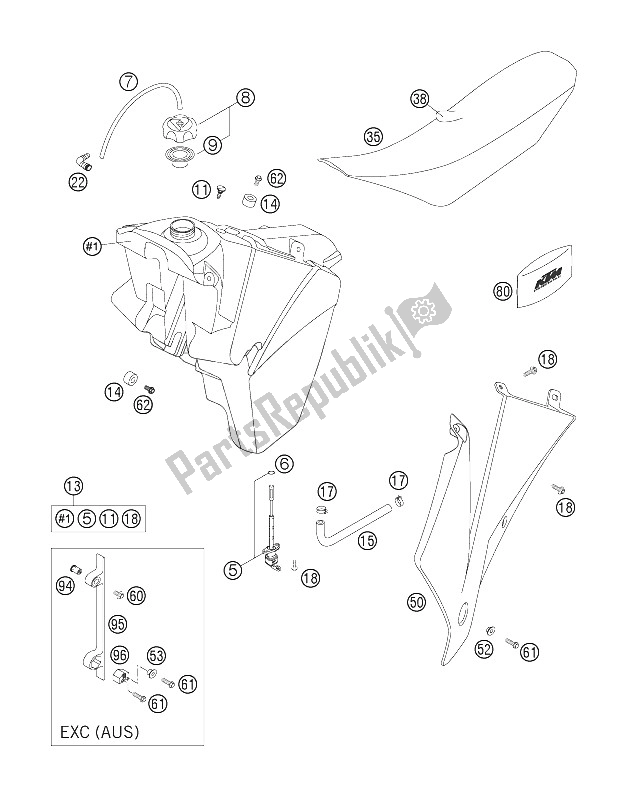 Tutte le parti per il Serbatoio, Sedile, Coperchio del KTM 200 EXC Australia 2006