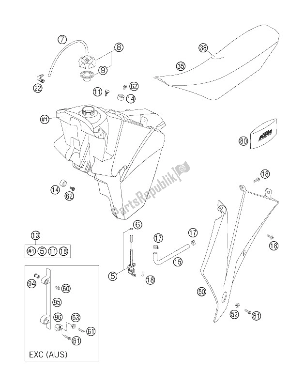 Todas as partes de Tanque, Assento, Tampa do KTM 250 EXC Australia 2006