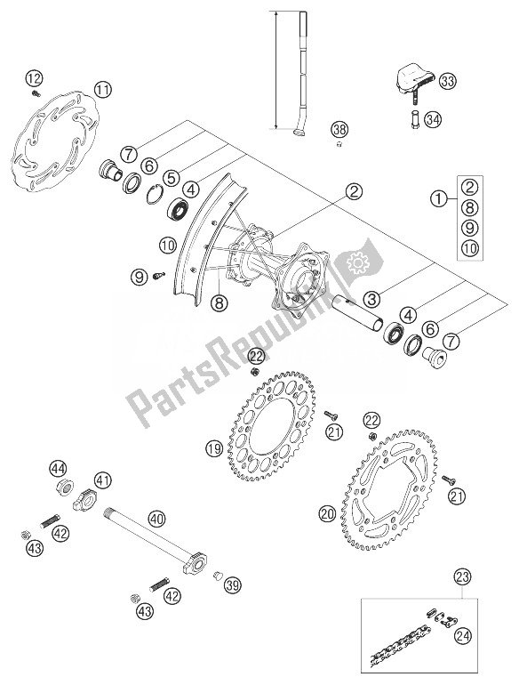 All parts for the Rear Wheel 125/200 of the KTM 200 SX Europe 2003