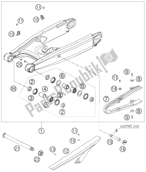 All parts for the Swing Arm of the KTM 990 Super Duke Anthrazit 07 France 2007