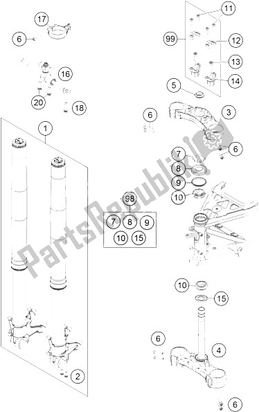 All parts for the Front Fork, Triple Clamp of the KTM 1190 Adventure ABS Orange USA 2015