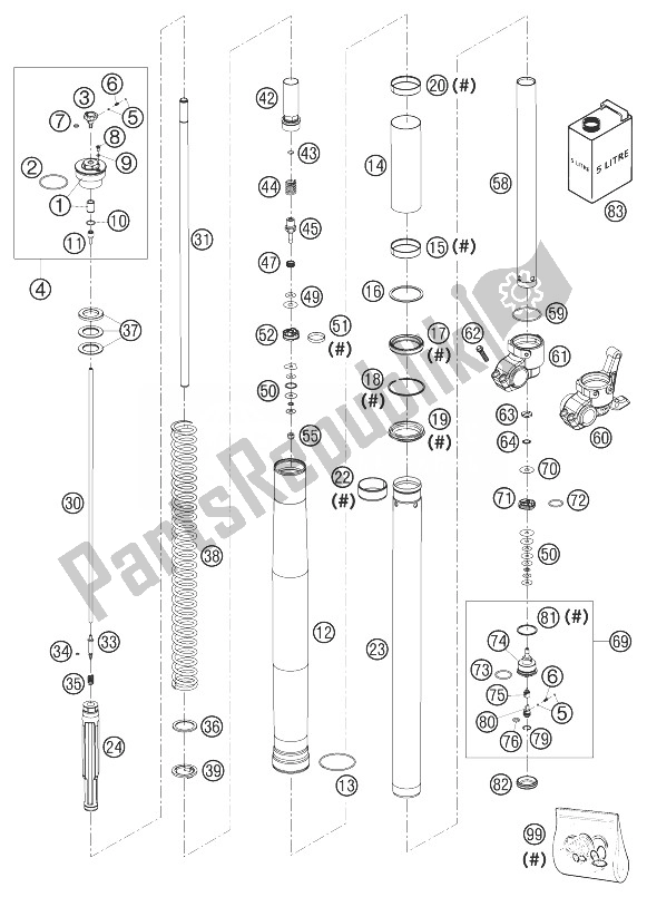 All parts for the Forklegs Wp Usd48 125/200 Mxc of the KTM 200 EXC Australia 2003