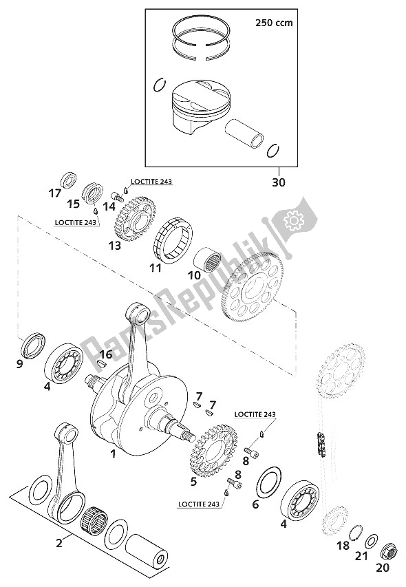 All parts for the Crankshaft, Piston 250 Exc Rac of the KTM 250 EXC Racing Europe 2001