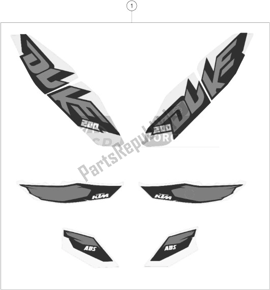 All parts for the Decal of the KTM 200 Duke White ABS BAJ DIR 14 Asia 2014