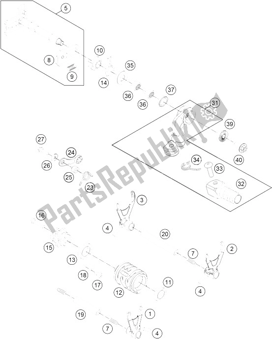 All parts for the Shifting Mechanism of the KTM Freeride 250 R Australia 2016