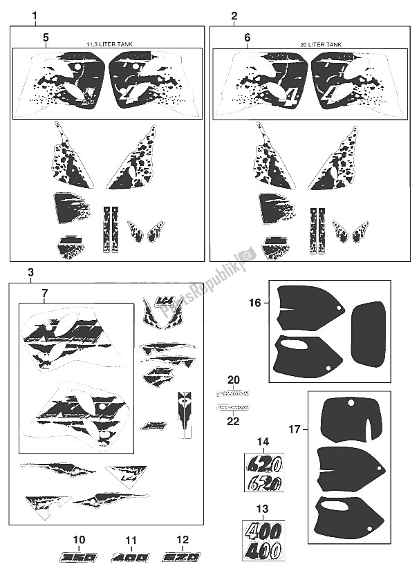 Toutes les pièces pour le Jeu De Décalcomanies Lc4'95 du KTM 620 E XC Dakar 20 KW LT Europe 1995