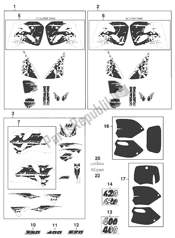 All parts for the Decal Set Lc4'95 of the KTM 620 Super Comp WP 19 KW France 1995