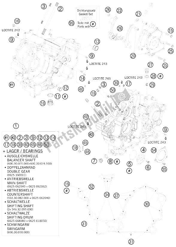 All parts for the Engine Case of the KTM 990 Super Duke Orange Australia United Kingdom 2009