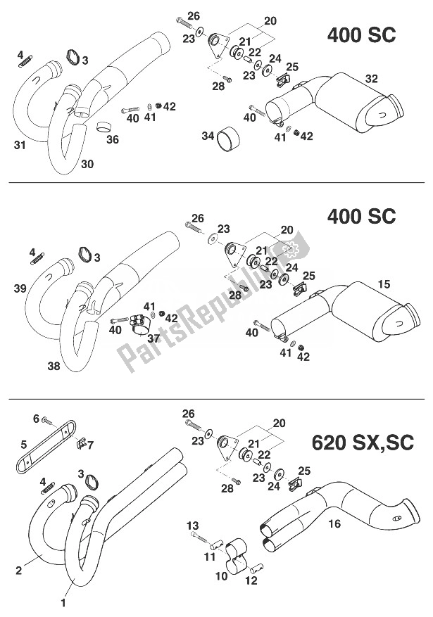 All parts for the Pipes - Collector Sx,sc of the KTM 400 SUP Comp EXC USA 1998