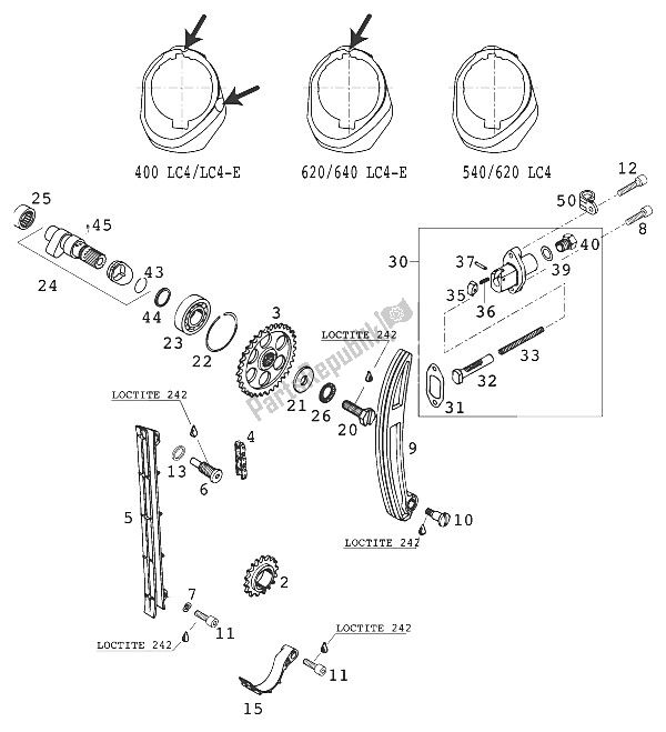 Alle onderdelen voor de Timing Aandrijving 400-620 Lc 4 van de KTM 400 LC4 E Europe 930306 2000