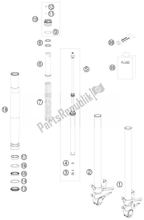 All parts for the Front Fork Disassembled of the KTM 1190 RC8 Orange Australia 2010