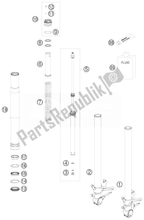 All parts for the Front Fork Disassembled of the KTM 1190 RC8 Orange USA 2010