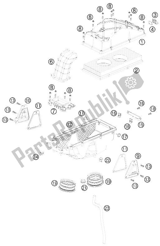 All parts for the Air Filter Box of the KTM 990 Super Duke R Australia United Kingdom 2012