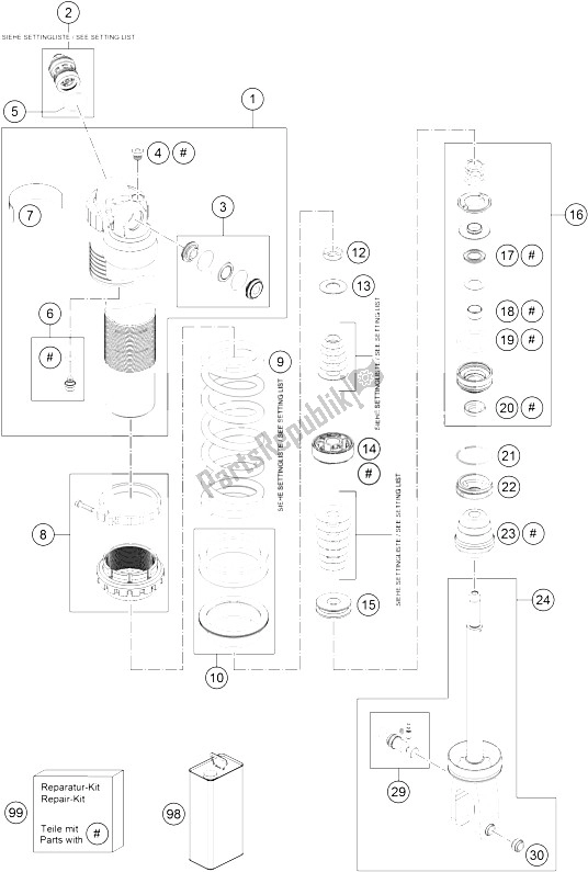 All parts for the Monoshock Disassembled of the KTM 125 SX Europe 2016