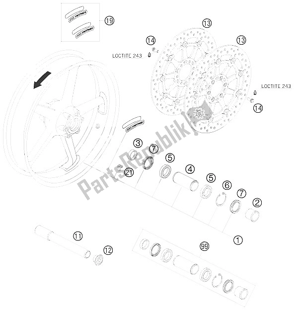 All parts for the Front Wheel of the KTM 990 Supermoto Orange France 2008