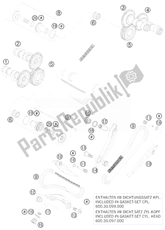 All parts for the Timing Drive of the KTM 990 Super Duke Orange Europe 2010