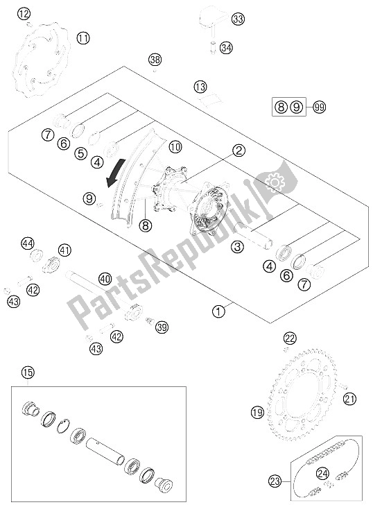 All parts for the Rear Wheel of the KTM 125 EXC SIX Days Europe 2012