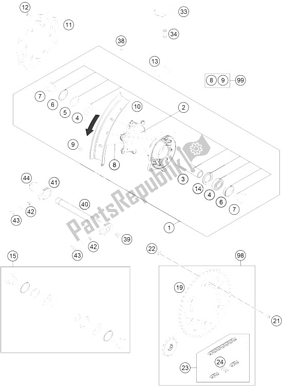 All parts for the Rear Wheel of the KTM 350 EXC F CKD Brazil 2016